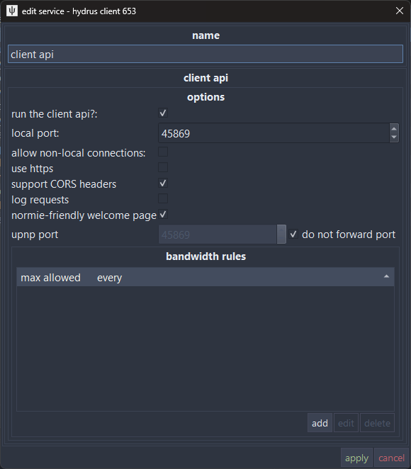 Hydrus manage services dialog with CORS enabled