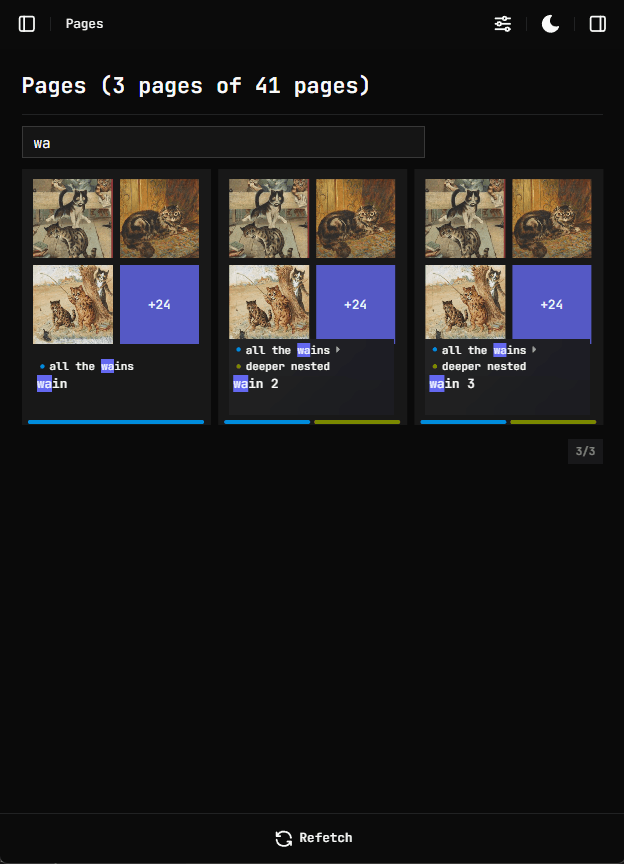 Pages search with highlighting